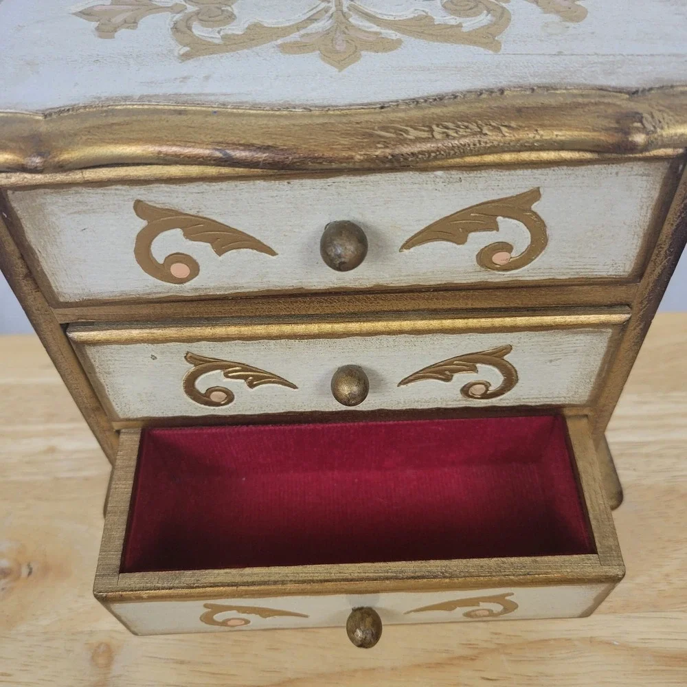 Vintage Florentine Musical Jewelry Box Gold Gilt Wood 3 Drawer Italian Style